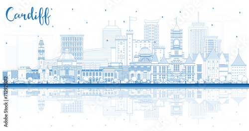 Outline Cardiff Wales City Skyline with Blue Buildings and reflections. Cardiff UK Cityscape with Landmarks. Business Travel and Tourism Concept with Historic Architecture.