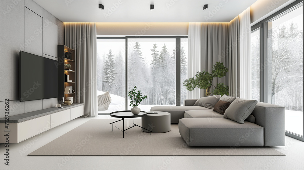 Fototapeta premium Scandinavian minimalist home interior design of modern living room. Grey sofa near floor to ceiling window against tv unit