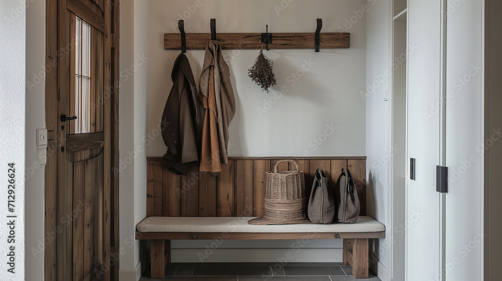 Wall-mounted coat rack above rustic bench. Farmhouse interior design of modern entrance hall Wall-mounted coat rack above rustic bench. Farmhouse interior design of modern entrance hall