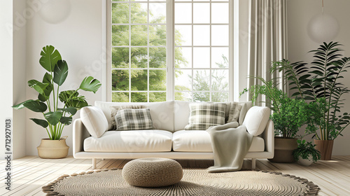 White sofa with plaid and cushions on knitted rug against of grid window between green houseplants. Scandinavian  hygge interior design of modern living room