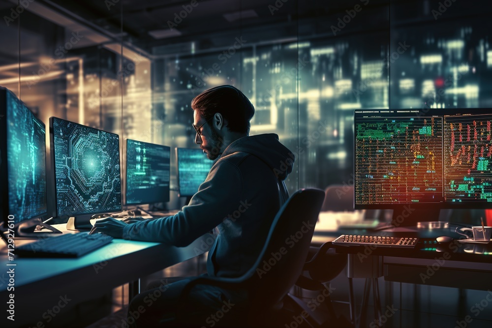 Man programmer or gamer or hacker with computer. Generative AI Man programmer or gamer or hacker with computer. Generative AI