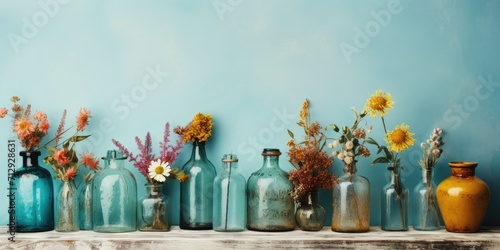 Assorted vintage glass vases and bottles with dried flowers. Antique decor items.