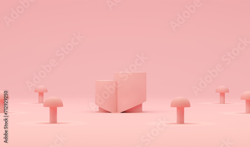 3D abstract studio room with pedestal podium. White  beige and pastel pink geometric platform with geometric overlap backdrop. Showcase  Display case  Elements for valentine day festival design.