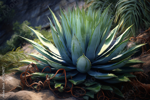 Plants and flowers concept. Close-up view of green and with spikes agave plant background with copy space photo