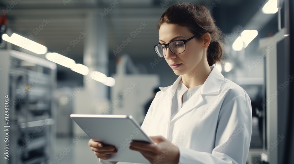 Woman factory worker wearing glasses and white robe at polymer plastic manufacturing, using tablet for quality control and logistic purposes, checking machines and mechanisms Woman factory worker wearing glasses and white robe at polymer plastic manufacturing, using tablet for quality control and logistic purposes, checking machines and mechanisms