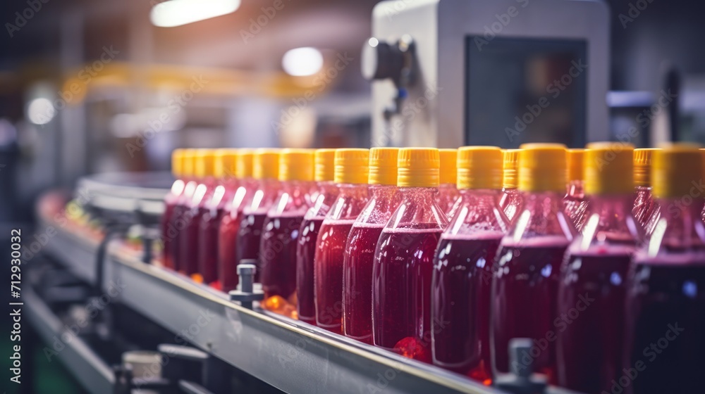 product bottles fruit juice on the conveyor belt in the beverage factory, industrial, manufacture, production, line, plant, technology, juice, machine, machinery, equipment, automated