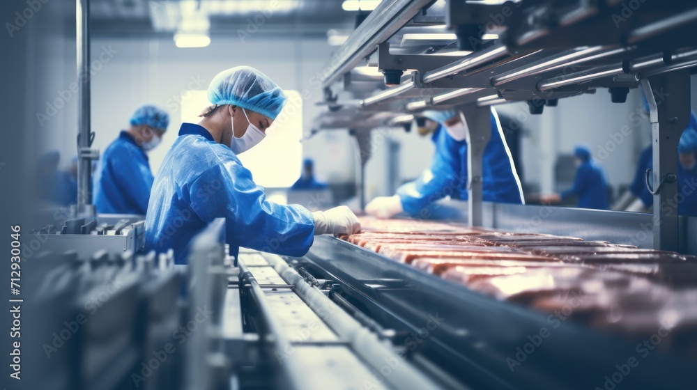 Production line in the food factory.Factory for the production of food from meat.Industrial equipment at a meat factory.Automated production line in modern food factory.People working. - obrazy, fototapety, plakaty 