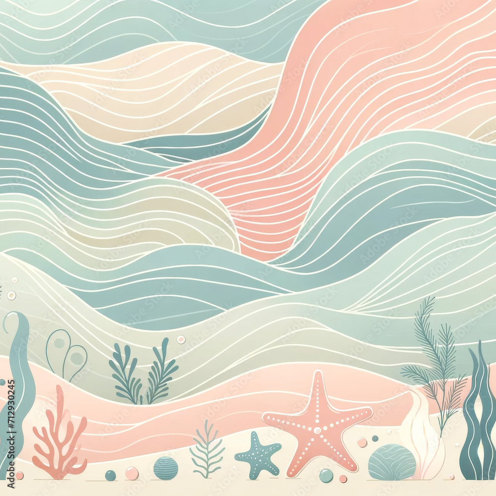 Soft pastel-hued underwater scene with abstract wavy patterns illustration.  - obrazy, fototapety, plakaty 