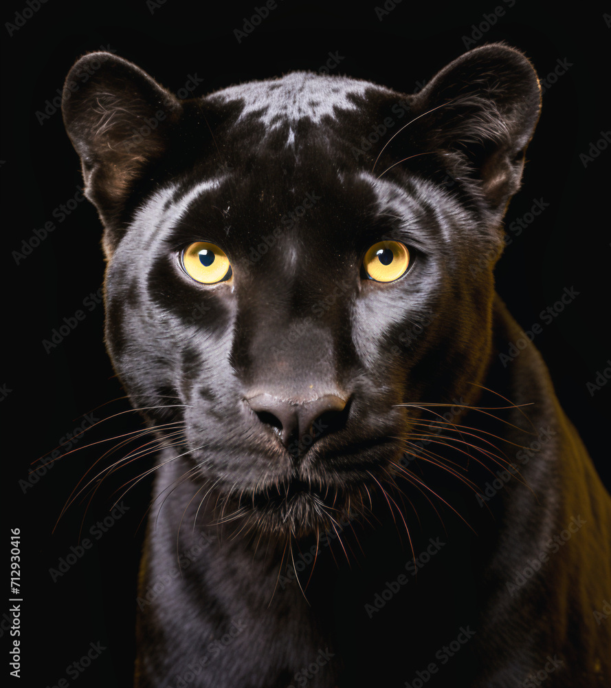 Retrato de Pantera negra con ojos amarillos, animal  mamífero depredador salvaje cazador en la naturaleza.