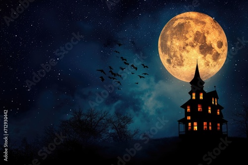 A spooky silhouette of a haunted house against a full moon in the night sky Halloween background with haunted house