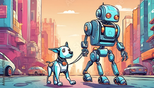 Illustrative Cartoon image of a robot dog walker with a robot puppy or dog in the future city in the background