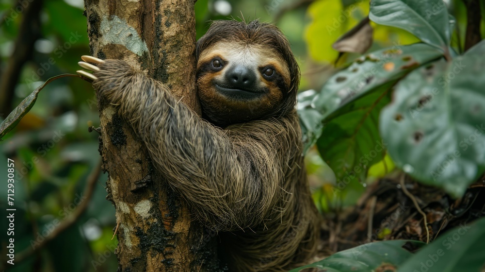 Naklejka premium Sloth hanging from a tree in a tropical rainforest.