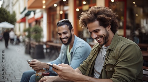 Two Men Laughing and using Phone At Outside