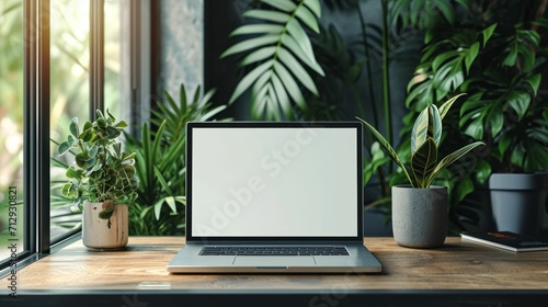 Mockup of a laptop with a blank white screen, placed on a home office desk, suitable for displaying websites or designs. © Manyapha