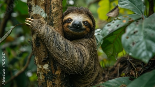 Sloth hanging from a tree in a tropical rainforest. © Manyapha
