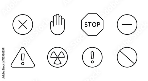 Alert, risk line icon set. Caution, warning, exclamation mark trafic stop information, accident notification Hand gesture Caution warning Hazard danger line icons set, editable stroke isolated