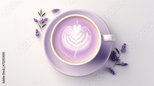 angled top view a lavender infused latte. 3d rendering. beautiful purple drink with art photo