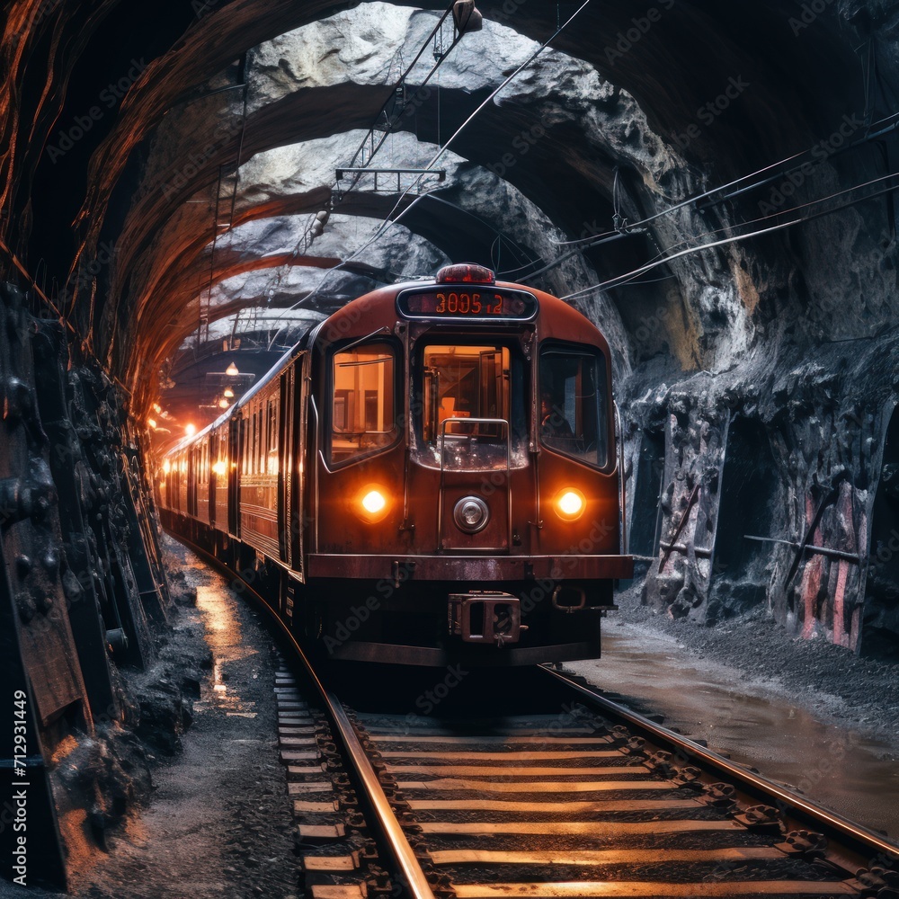 Fototapeta premium Subway train navigating through an underground tunnel.