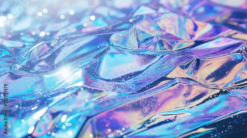 Glistening holographic glitter close-up in clear viscous liquid - abstract and glamorous background with iridescent textures