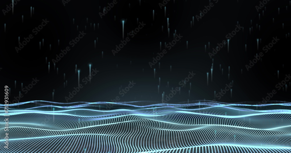 Image of glowing blue mesh of connections waving on black background - obrazy, fototapety, plakaty 
