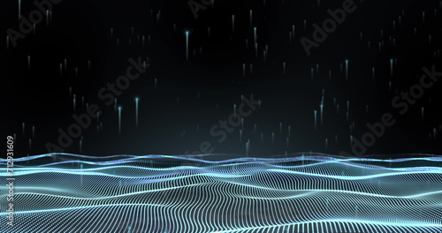 Image of glowing blue mesh of connections waving on black background photo
