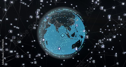 Image of glowing blue mesh of connections with icons over globe on black background