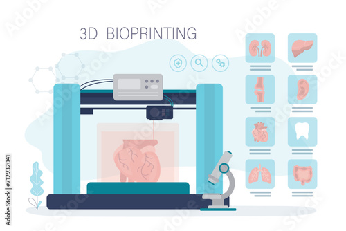 3D Bioprinter. Human organ replicating. Concept of bioprinting of tissues, bones and internal organs. Bioprintering, technology of transplantation new organs.