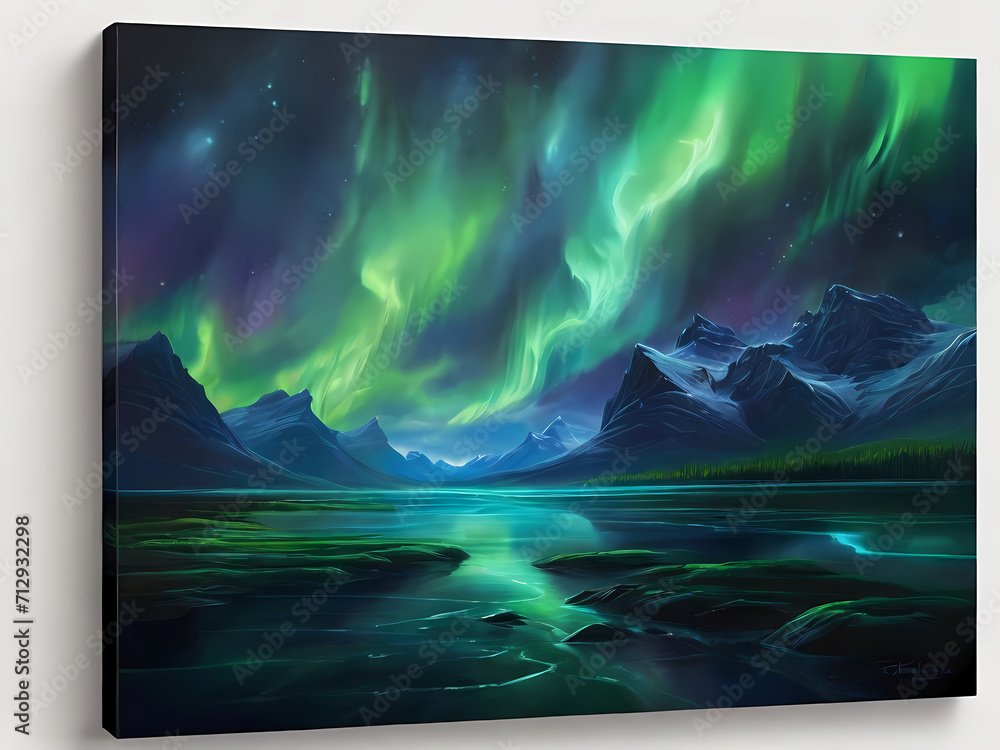 Beautiful Sky with Aurora and Stars - Green Northern Lights Background with Ample Copy Space.