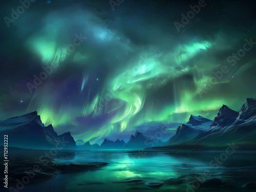 Beautiful Sky with Aurora and Stars - Green Northern Lights Background with Ample Copy Space. © Md