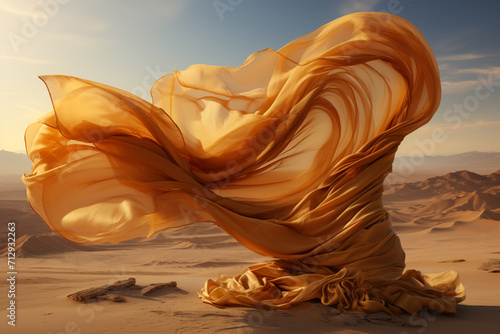 Graphic resources, landscape concept. Golden textile cloth or fabric sheet blowing in desert landscape background with copy space