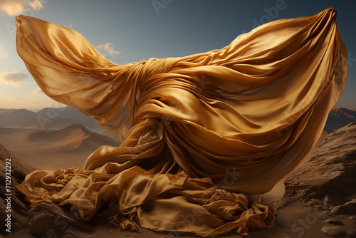 Graphic resources, landscape concept. Golden textile cloth or fabric sheet blowing in desert landscape background with copy space