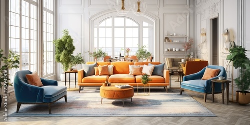 A modern living room with antique elements and chic old style furniture in a bright, spacious design.