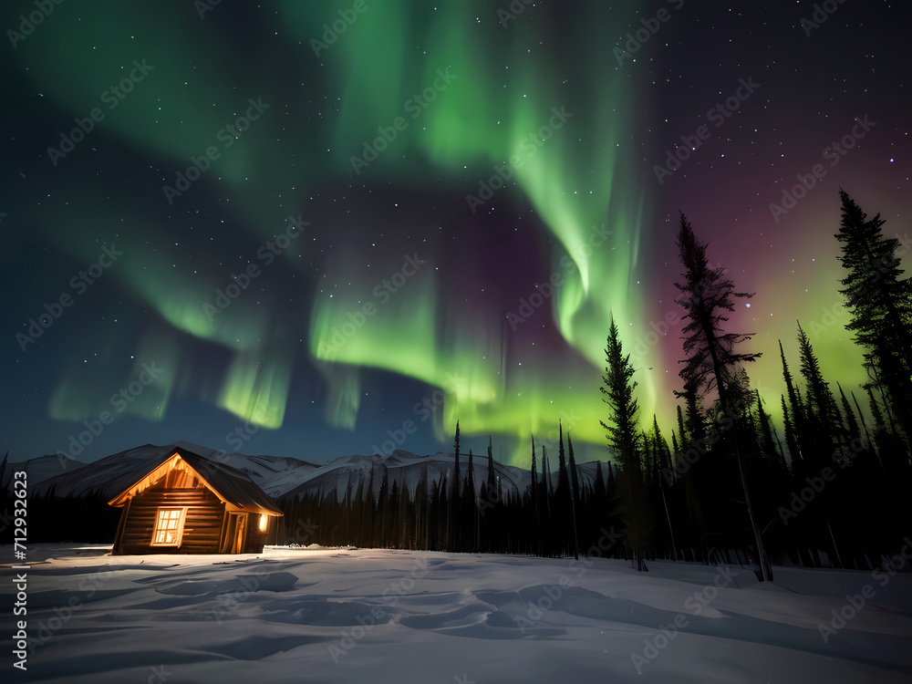 Beautiful Sky with Aurora and Stars - Green Northern Lights Background with Ample Copy Space. Beautiful Sky with Aurora and Stars - Green Northern Lights Background with Ample Copy Space.
