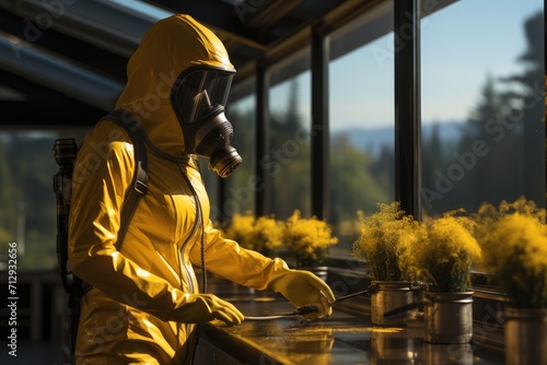 A man in a yellow protective suit and a gas mask poisons cockroaches in the house photo