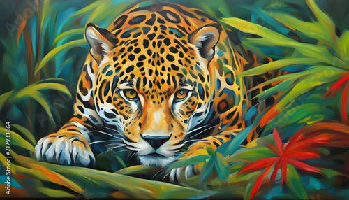 Jaguar in abstract style Jungle   oil painting.