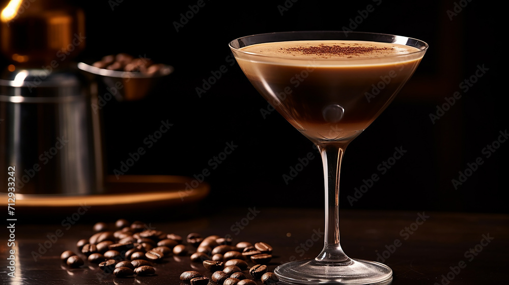 espresso martini in a sophisticated jazz-themed cafe on dark background