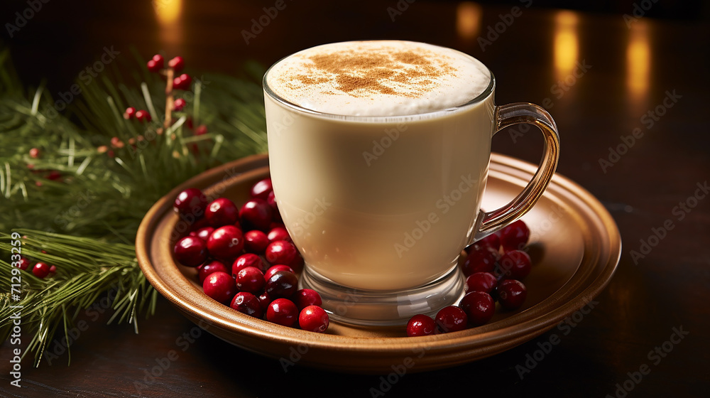 eggnog latte in a holiday-themed cafe. eggnog latte in a holiday-themed cafe.