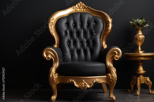 A Black and gold luxury armchair on plain black background from AI Generated © Arceli