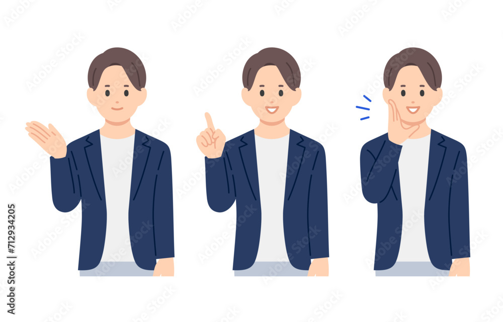 案内・指差し・呼びかけのポーズをするビジネスパーソン男性のセット【人物ベクターイラスト素材】 案内・指差し・呼びかけのポーズをするビジネスパーソン男性のセット【人物ベクターイラスト素材】