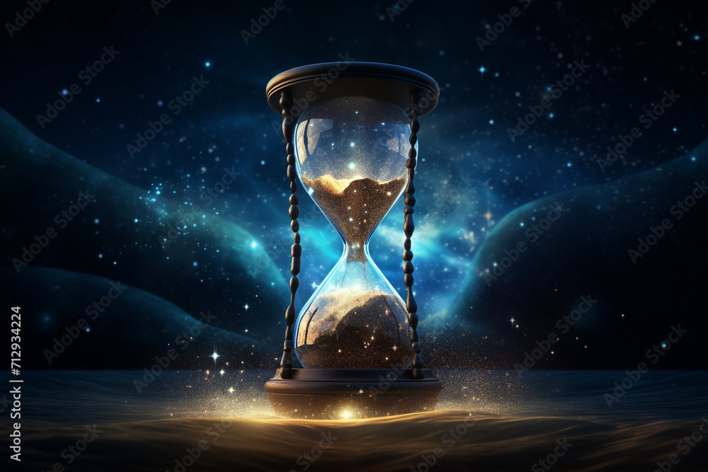 States of mind, culture and religion, life, art concept. Beautiful retro hourglass in surreal desert and night sky with stars background illustration. Fragile and short life metaphor - obrazy, fototapety, plakaty 