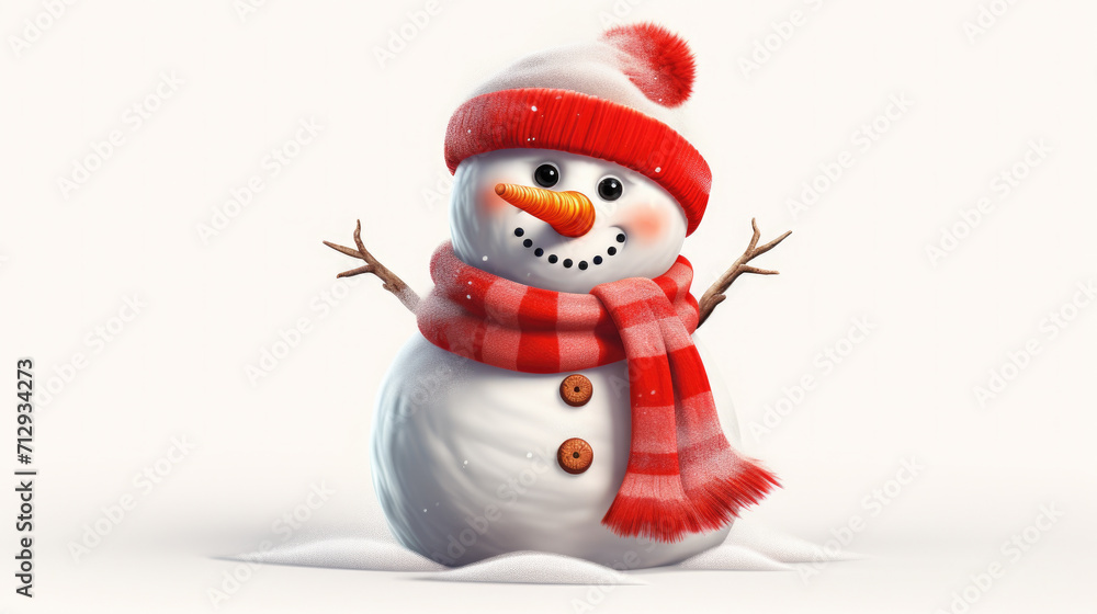 Snowman with Red and White Hat and Scarf