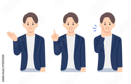 案内･指差し･呼びかけのポーズをするビジネスパーソン男性のセット【人物ベクターイラスト素材】