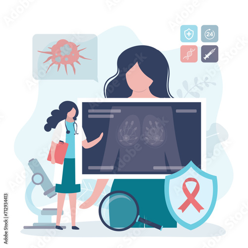 Girl makes chest x-ray to detect diseases. Mammalogist examines mammary glands of patient. Prevention of breast cancer. Ultrasound for diagnosis and localization of breast tumors.