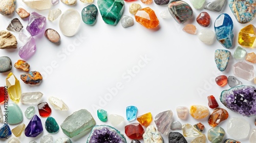 different natural crystals and gemstones with copy space in frame