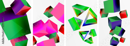 Flying 3d shapes, cubes and other geometric elements background design for wallpaper, business card, cover, poster, banner, brochure, header, website