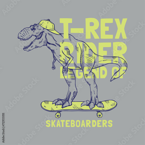 tee print design with skateboarder wild dinosaur drawing as vector