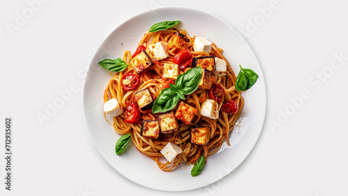photo of a vegetarian dish with no cutlery of Roasted cubes of peeled Eggplant Linguine with Tomato pesto and round bocconcini cheese with no meat or seafood on a white plate photo