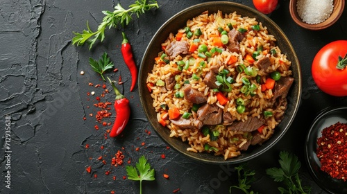 Top view of asian dish, fried rice with duck and vegetables on dark stone table