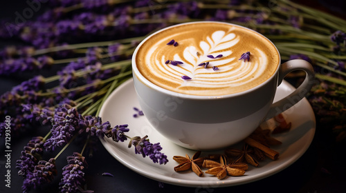 lavender honey latte in a quaint garden themed cafe photo