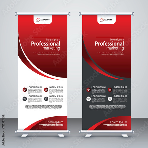 Roll up banner stand template design, red banner layout, pull up, abstract background, vector illustration, business flyer,  x-banner, flag-banner, infographics